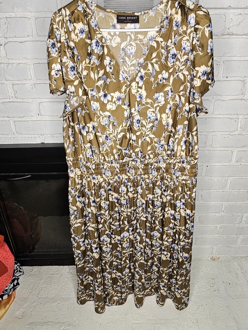 Lane Bryant Olive Green Floral Midi Dress with White & Light Blue Blooms